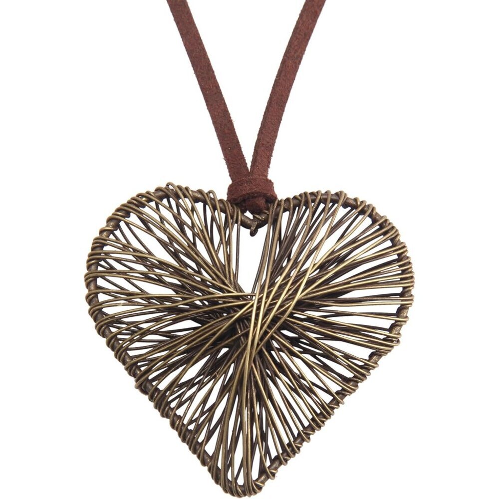 Handmade Boho Style Wire Entwined Heart Necklace with Adjustable Leather Cord